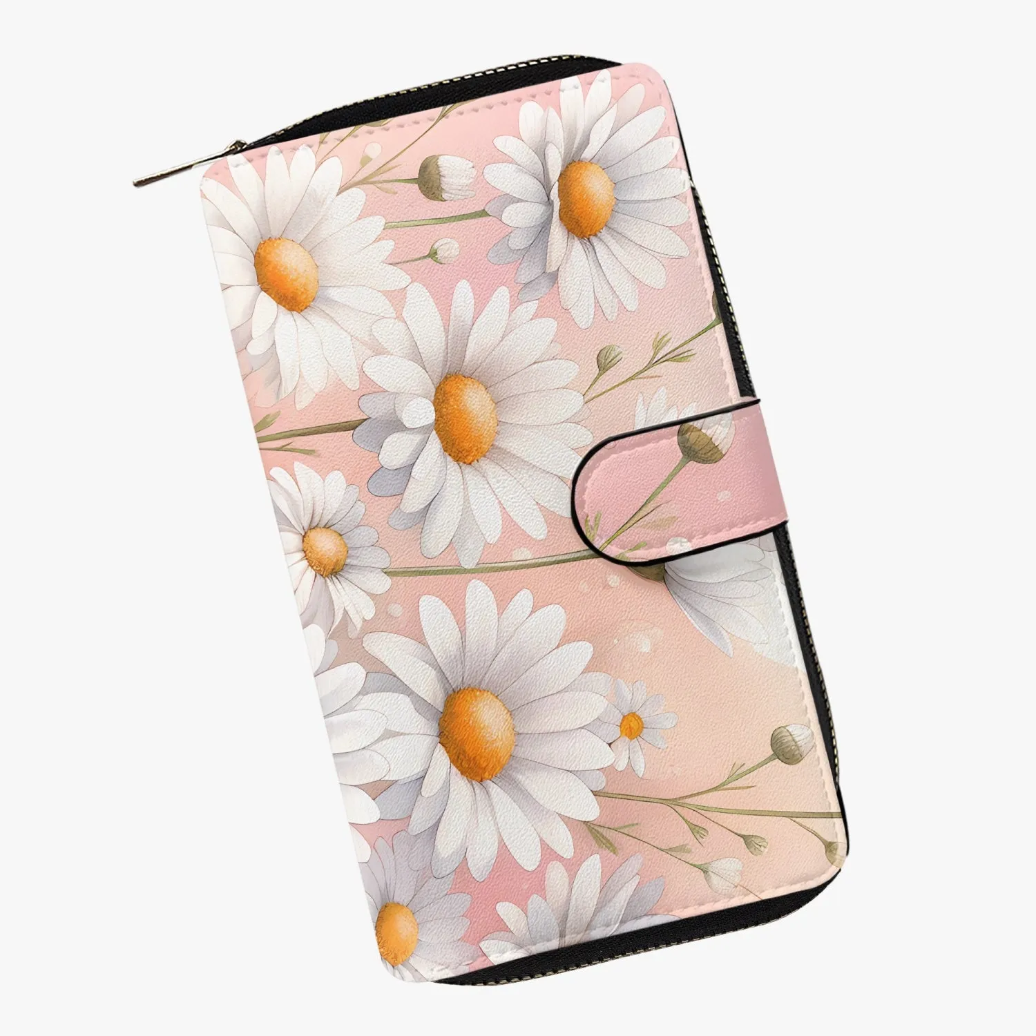 Pink with White Flowers | Long Leather Wallet