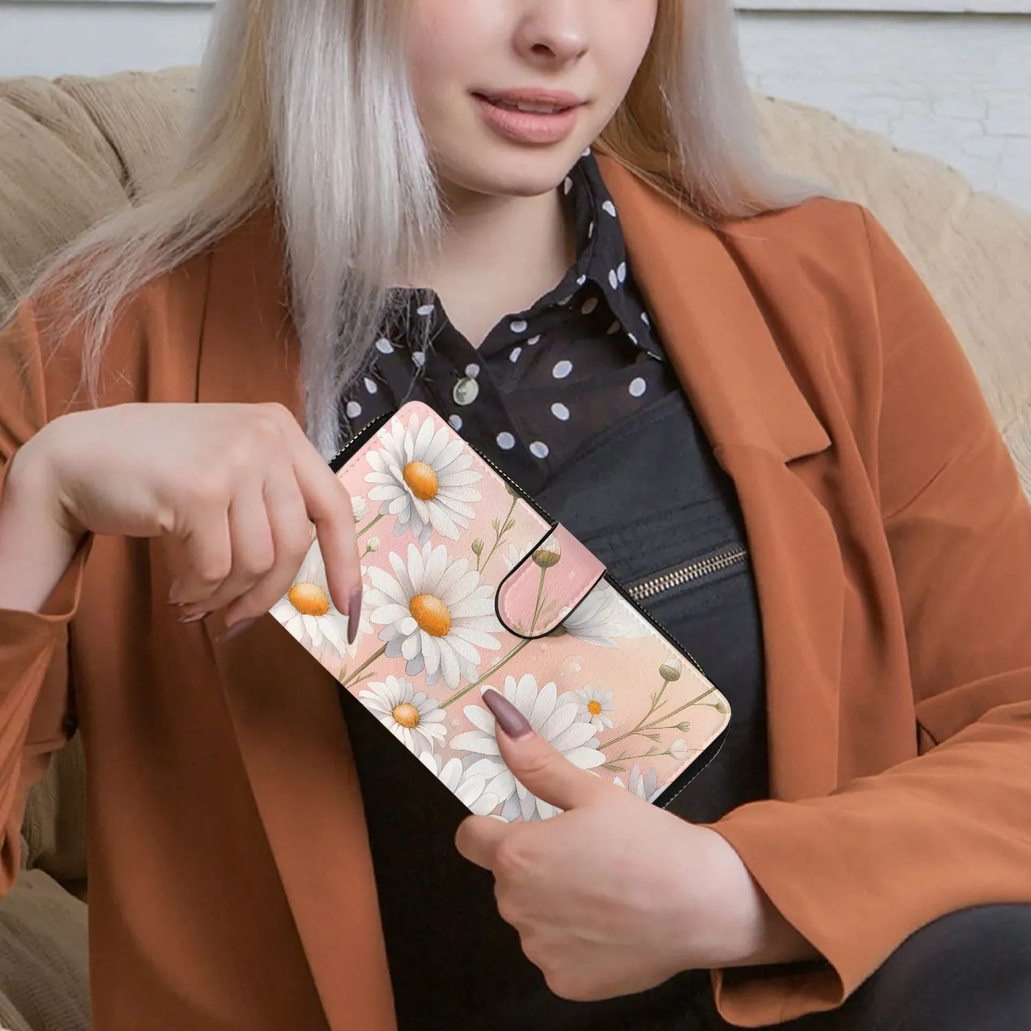 Pink with White Flowers | Long Leather Wallet