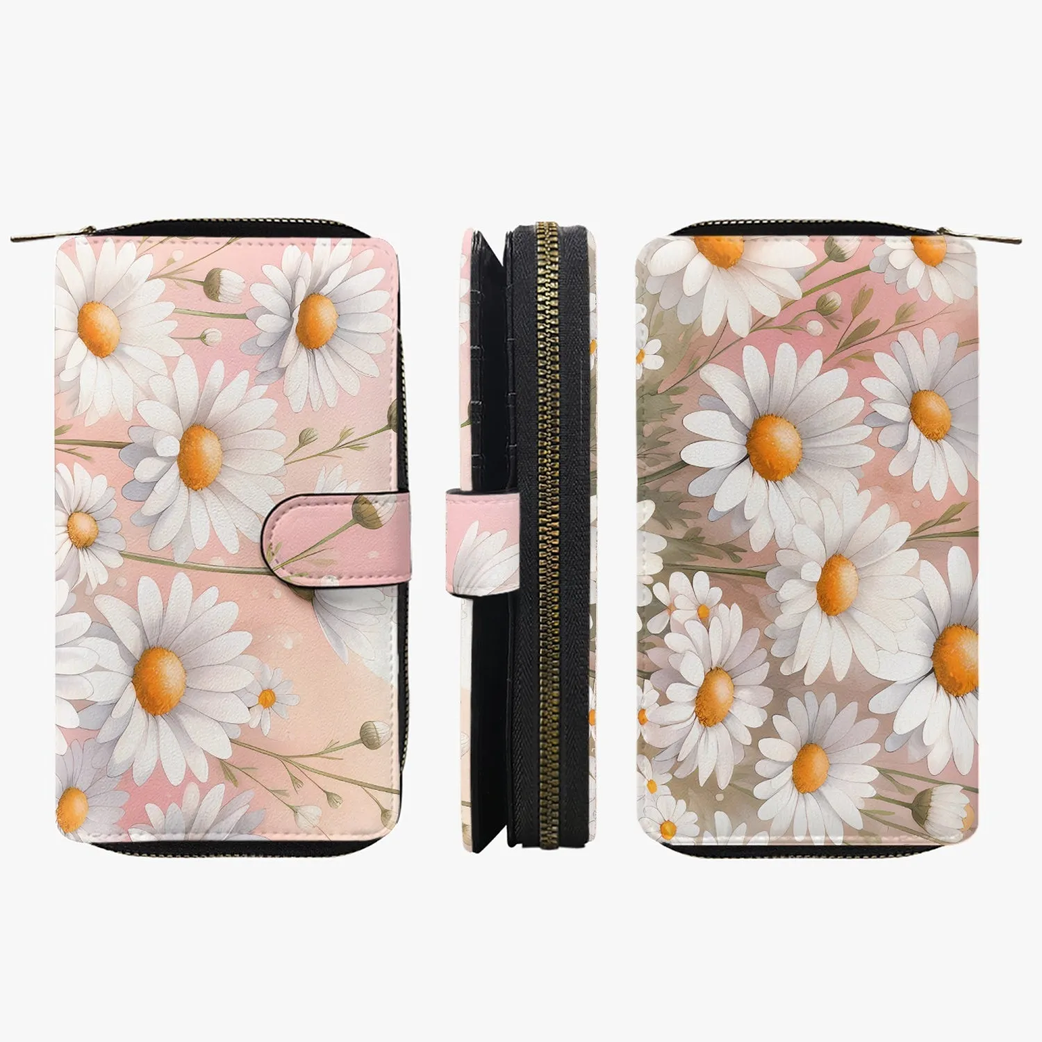 Pink with White Flowers | Long Leather Wallet