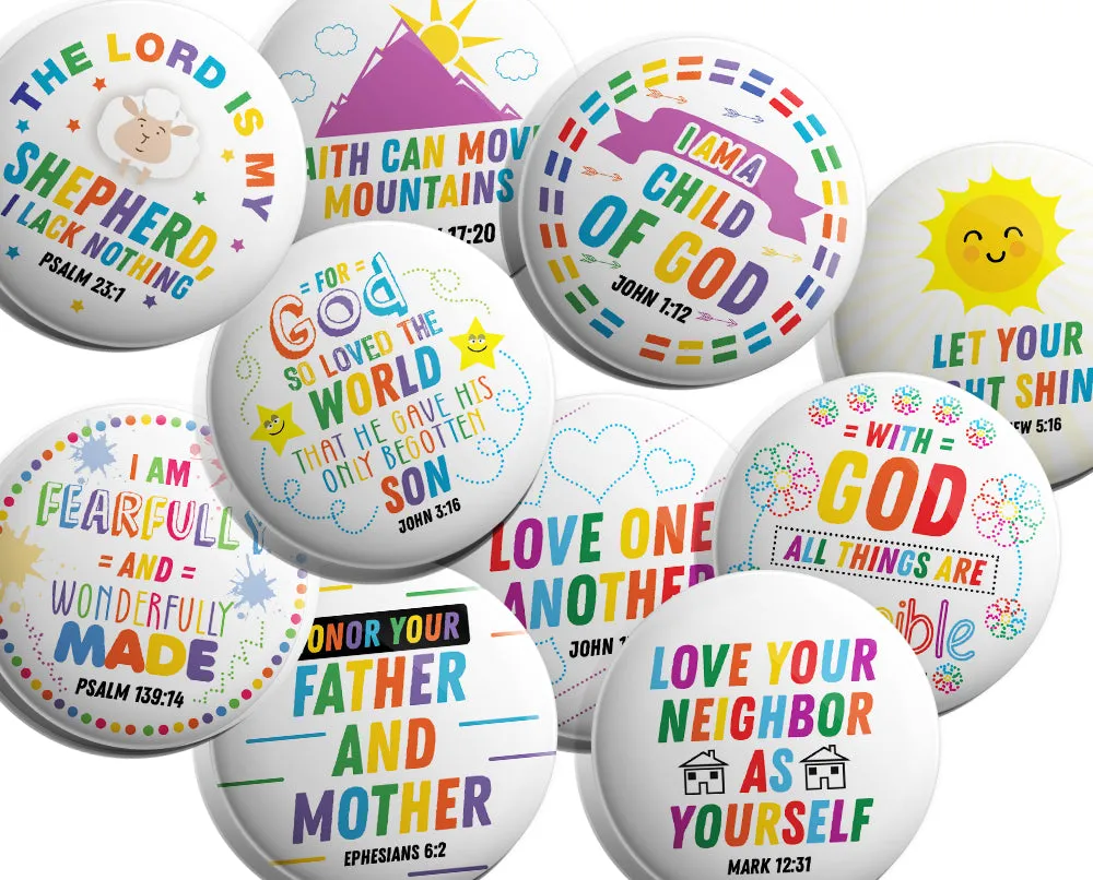 "Christian Pinback Buttons for Kids - Colorful Inspirational (10-Pack) - Large 2.25"" VBS Sunday School Easter Baptism Thanksgiving Christmas Rewards Encouragement Gift"