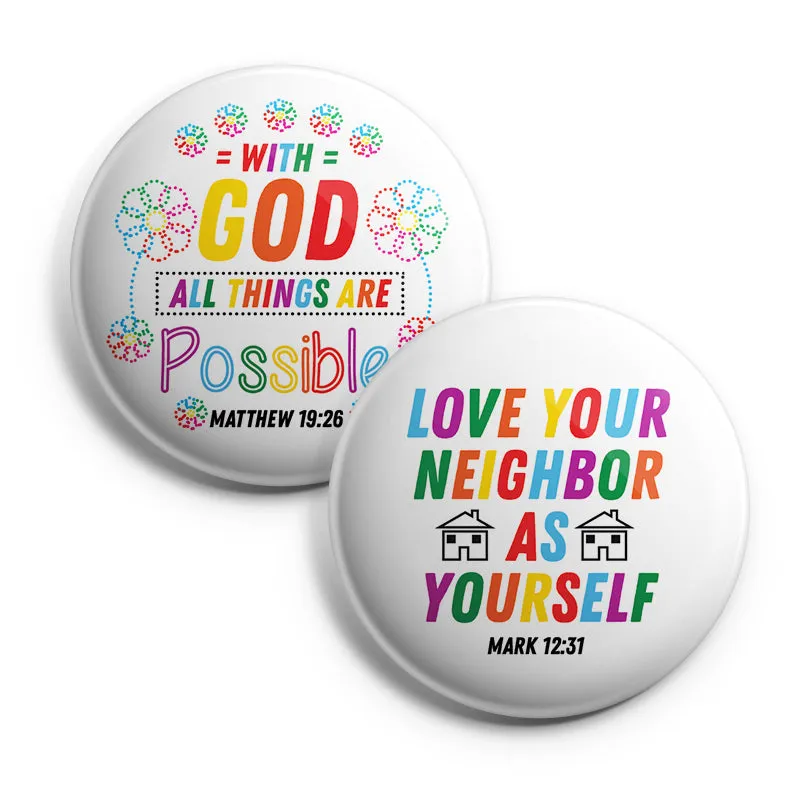 "Christian Pinback Buttons for Kids - Colorful Inspirational (10-Pack) - Large 2.25"" VBS Sunday School Easter Baptism Thanksgiving Christmas Rewards Encouragement Gift"