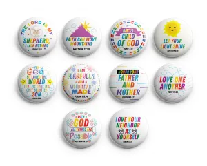 "Christian Pinback Buttons for Kids - Colorful Inspirational (10-Pack) - Large 2.25"" VBS Sunday School Easter Baptism Thanksgiving Christmas Rewards Encouragement Gift"