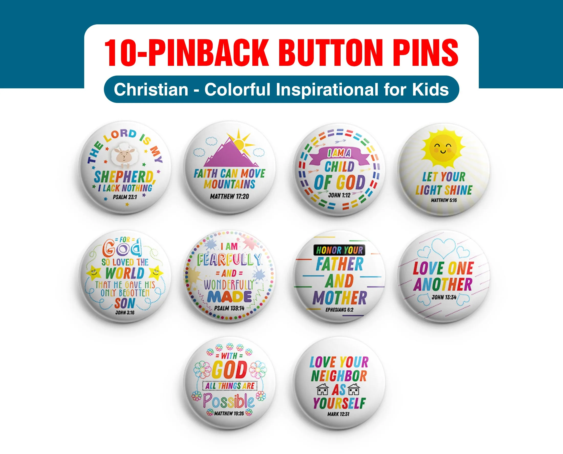 "Christian Pinback Buttons for Kids - Colorful Inspirational (10-Pack) - Large 2.25"" VBS Sunday School Easter Baptism Thanksgiving Christmas Rewards Encouragement Gift"