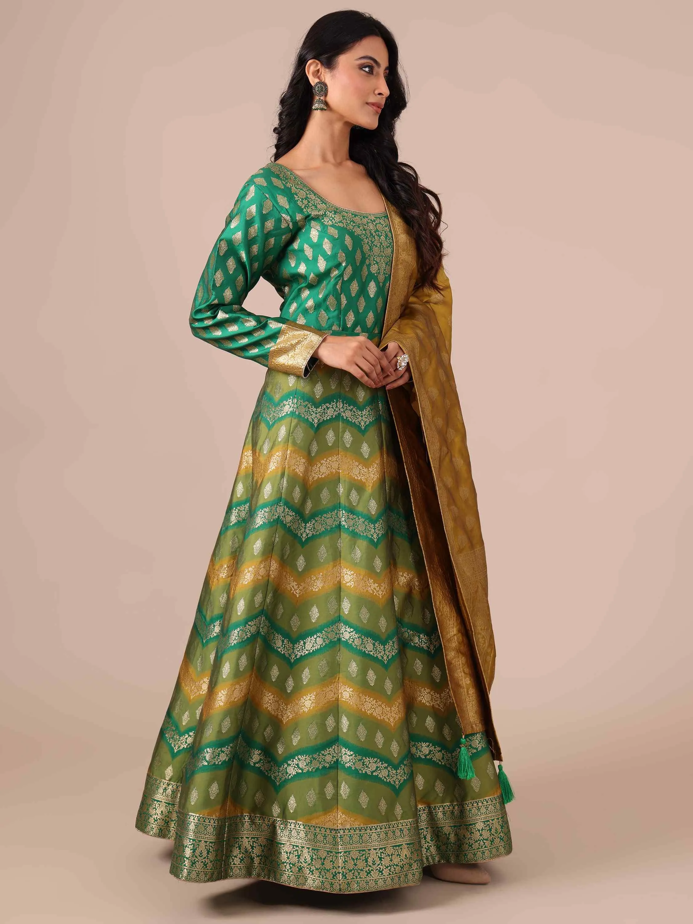 Rama Color Banarasi Silk Anarkali with Dupatta