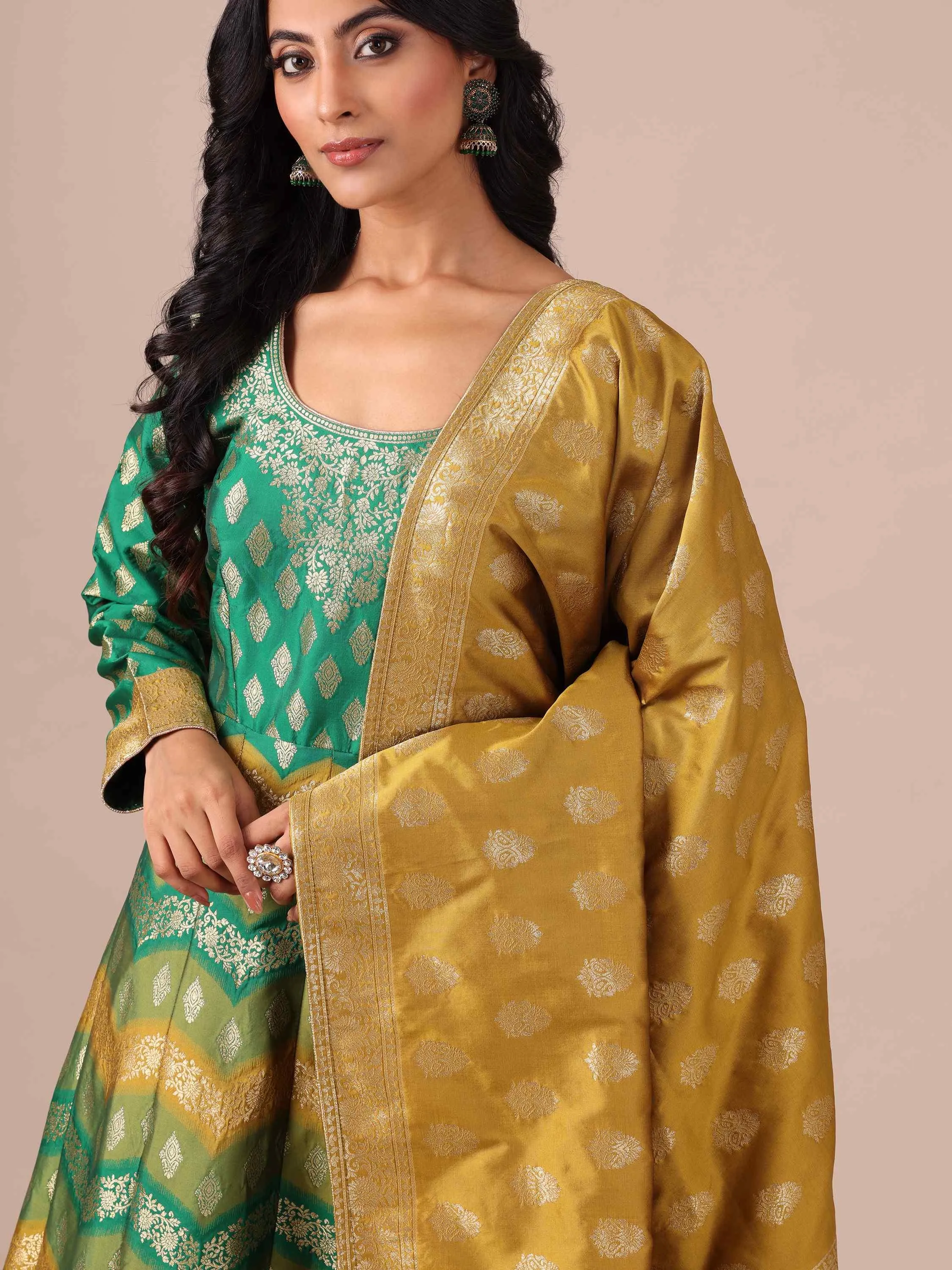 Rama Color Banarasi Silk Anarkali with Dupatta