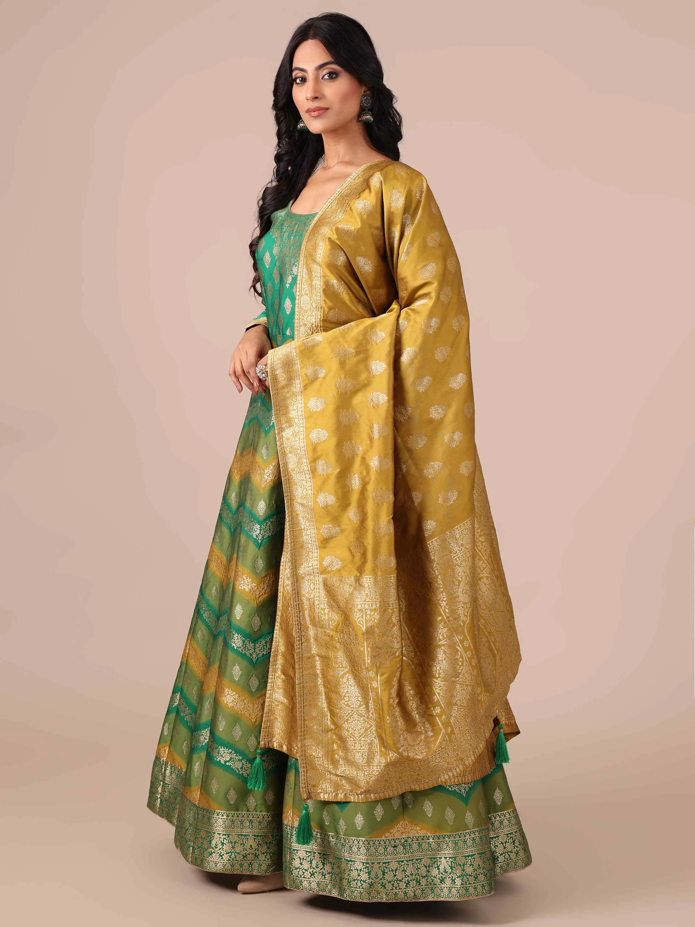 Rama Color Banarasi Silk Anarkali with Dupatta