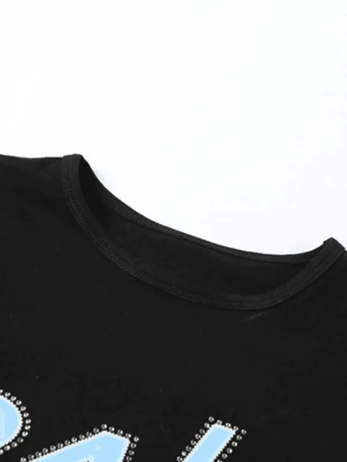 Rhinestone Letter Graceful Y2K Crop Top