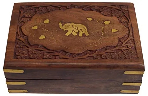 Rosewood Keepsake Box Jewelry Trinket Organizer Handcrafted Elephant and Floral Design