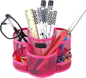 Rotating Fuchsia Metal Mesh 7-Compartment Desktop Office Supplies Organizer Caddy