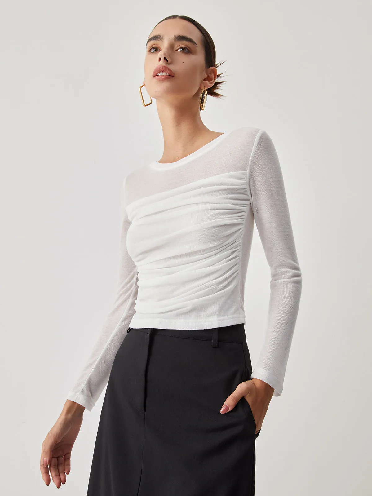 Ruched Semi-Sheer Graceful Long Sleeve Shirt