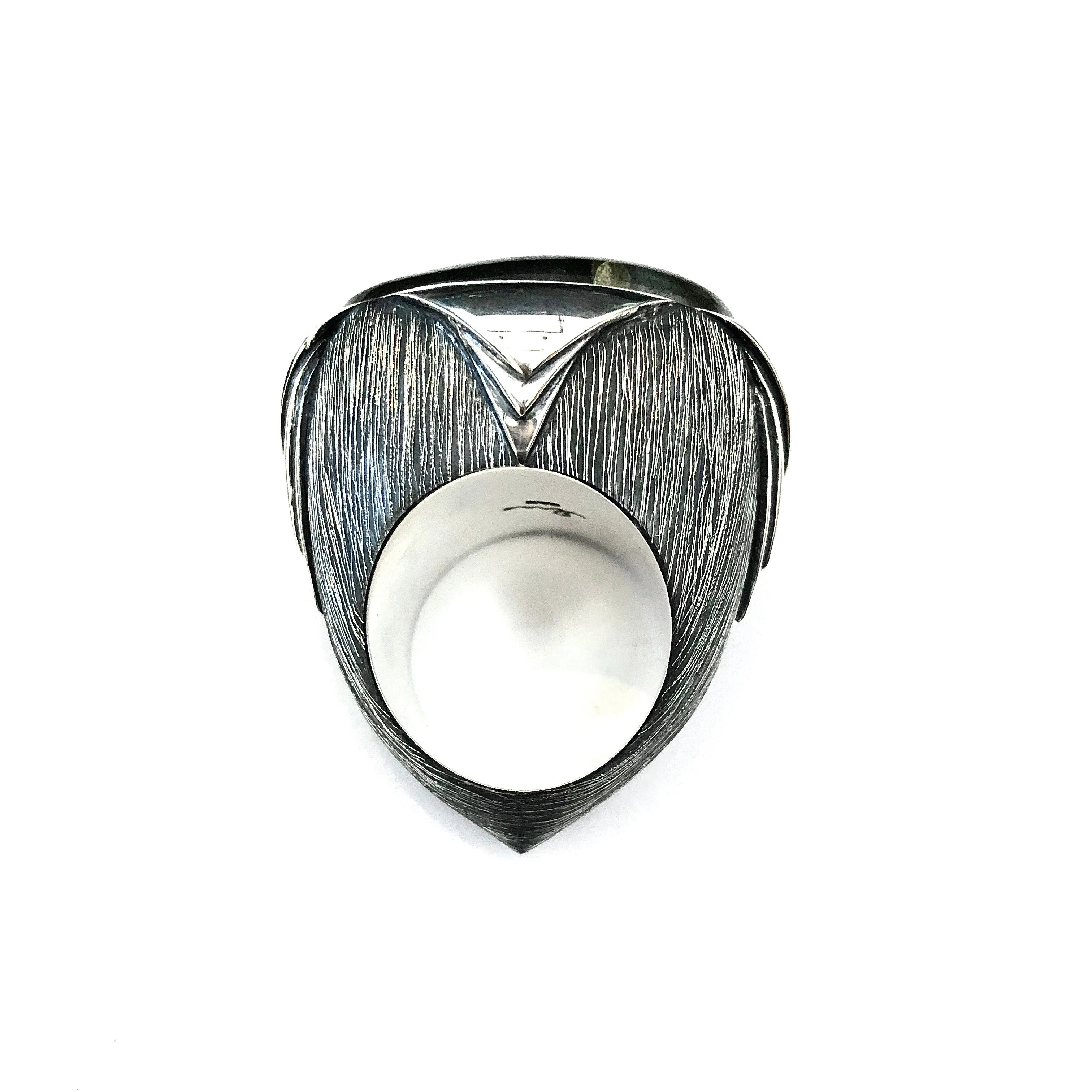 Serendipity Labradorite Ring with Polished Pedals and Etched Texture in Sterling Silver