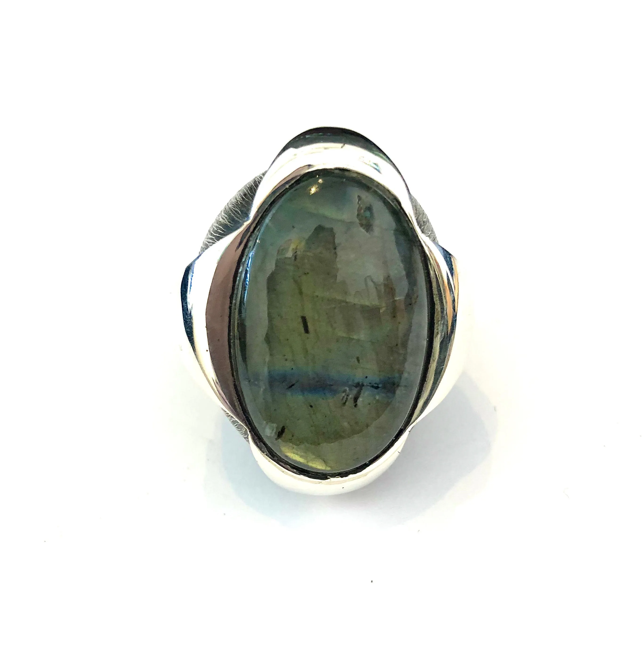 Serendipity Labradorite Ring with Polished Pedals and Etched Texture in Sterling Silver