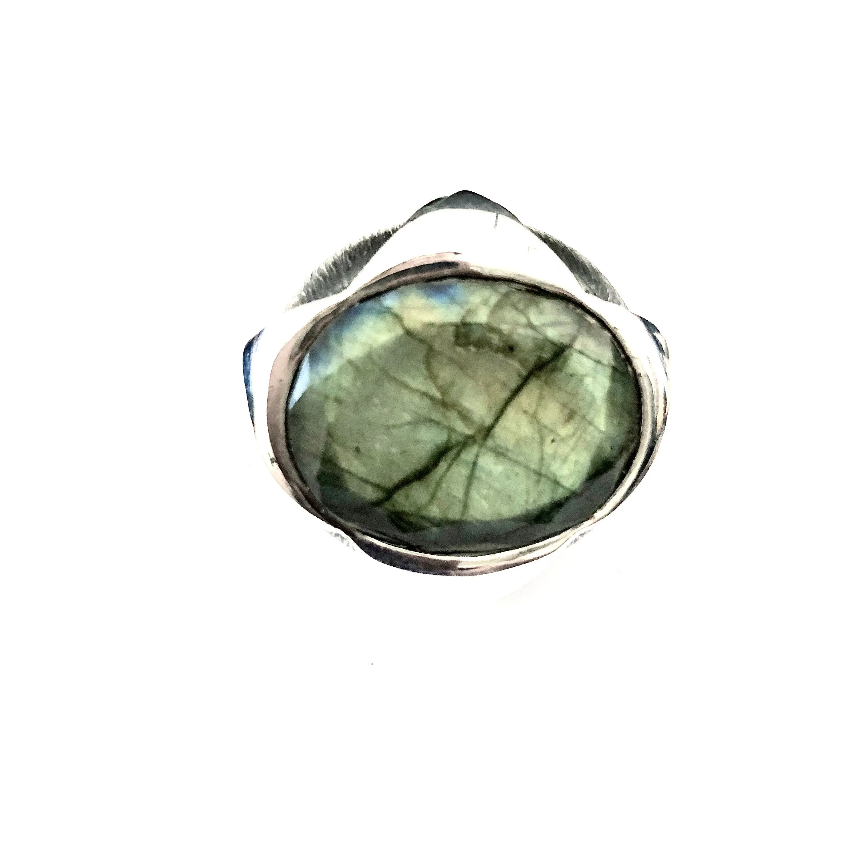 Serendipity Labradorite Ring with Polished Pedals and Etched Texture in Sterling Silver