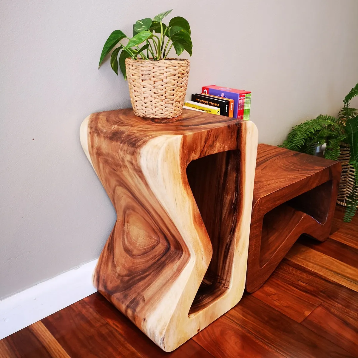 Side Table carved wood Plant Stand or Bar Stool with Clear Finish-Raintree Wood.