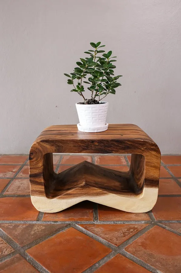 Side Table carved wood Plant Stand or Bar Stool with Clear Finish-Raintree Wood.