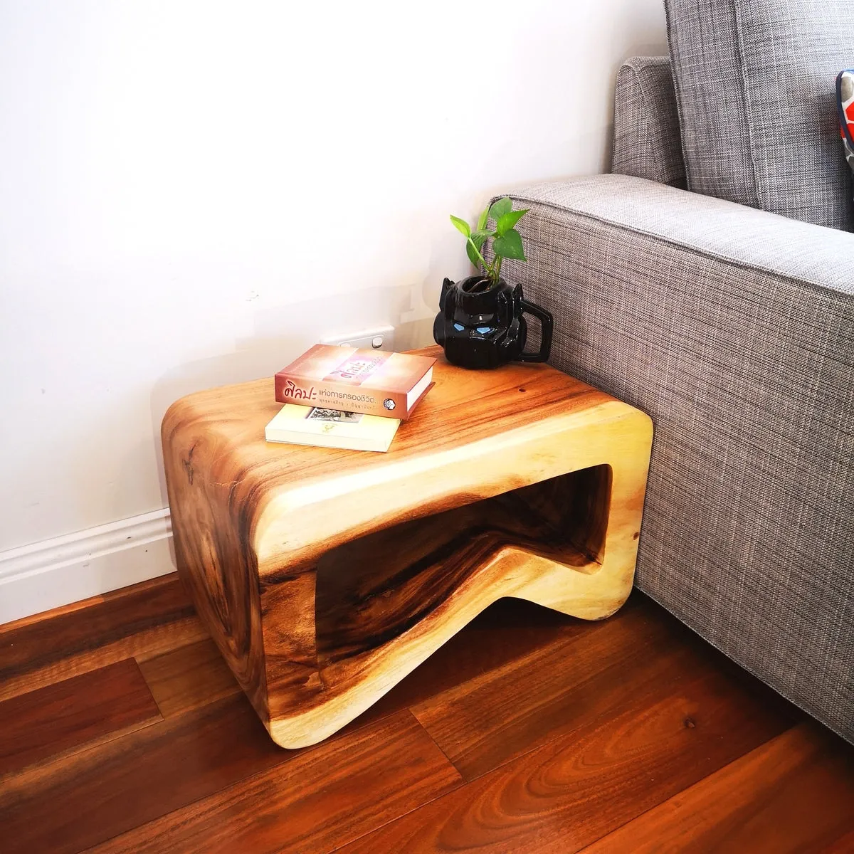 Side Table carved wood Plant Stand or Bar Stool with Clear Finish-Raintree Wood.