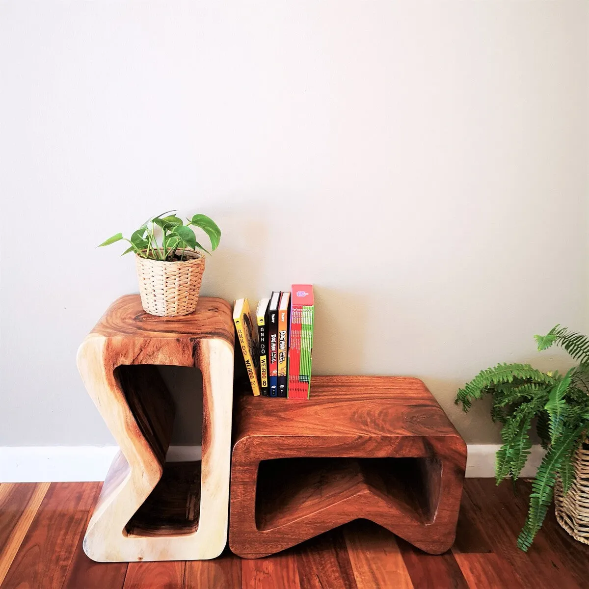 Side Table carved wood Plant Stand or Bar Stool with Clear Finish-Raintree Wood.