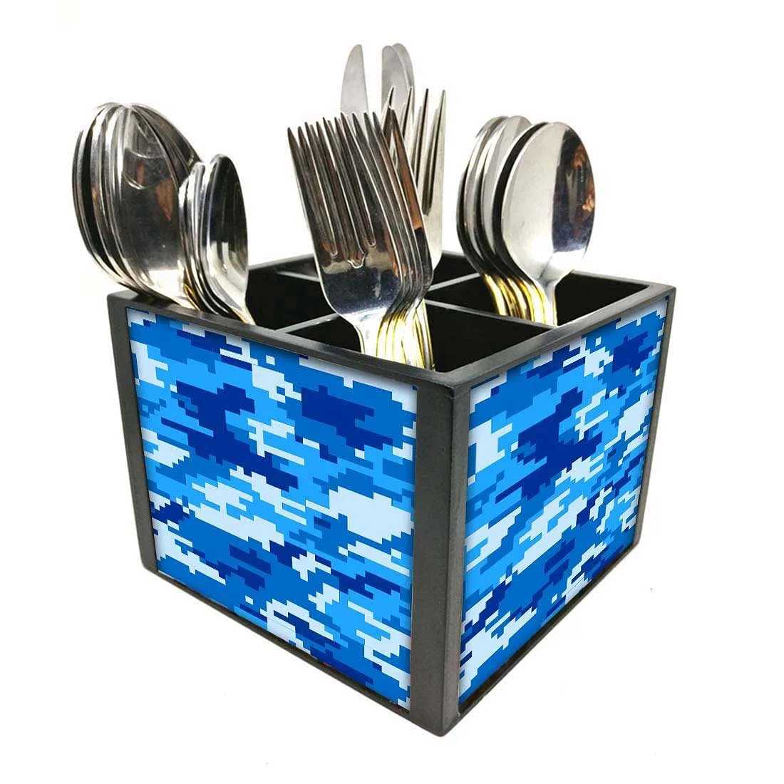 Silverware Cutlery Holder Organizer for Spoons, Forks & Knives-8 Bit Camo Blue Navy