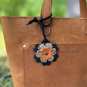 Small Leather Flower Purse Charm - Black, Floral and Orange