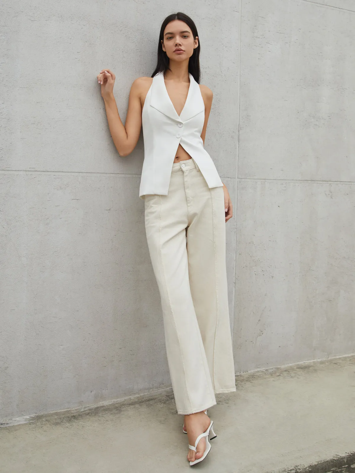 Solid Tailored Graceful Button Halter Waistcoat