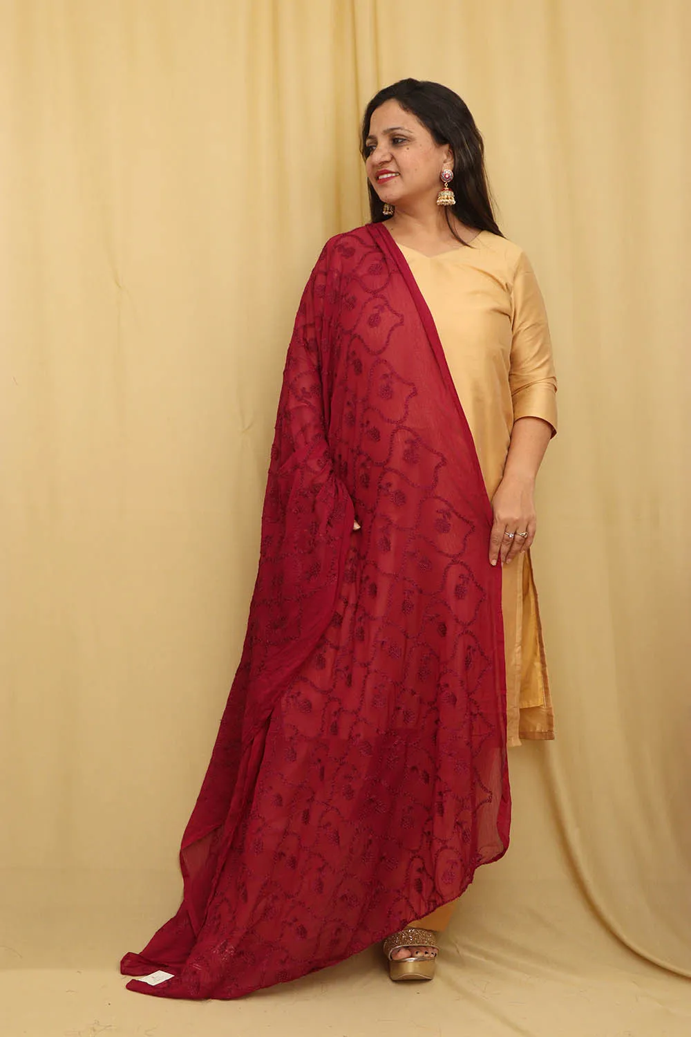 Stylish Maroon Embroidered Georgette Dupatta