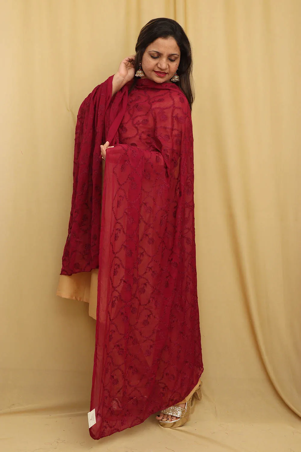 Stylish Maroon Embroidered Georgette Dupatta