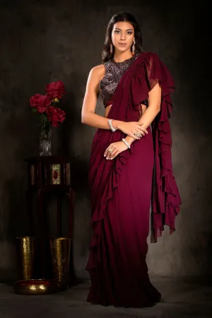 Stylish Plum Ruffle Saree