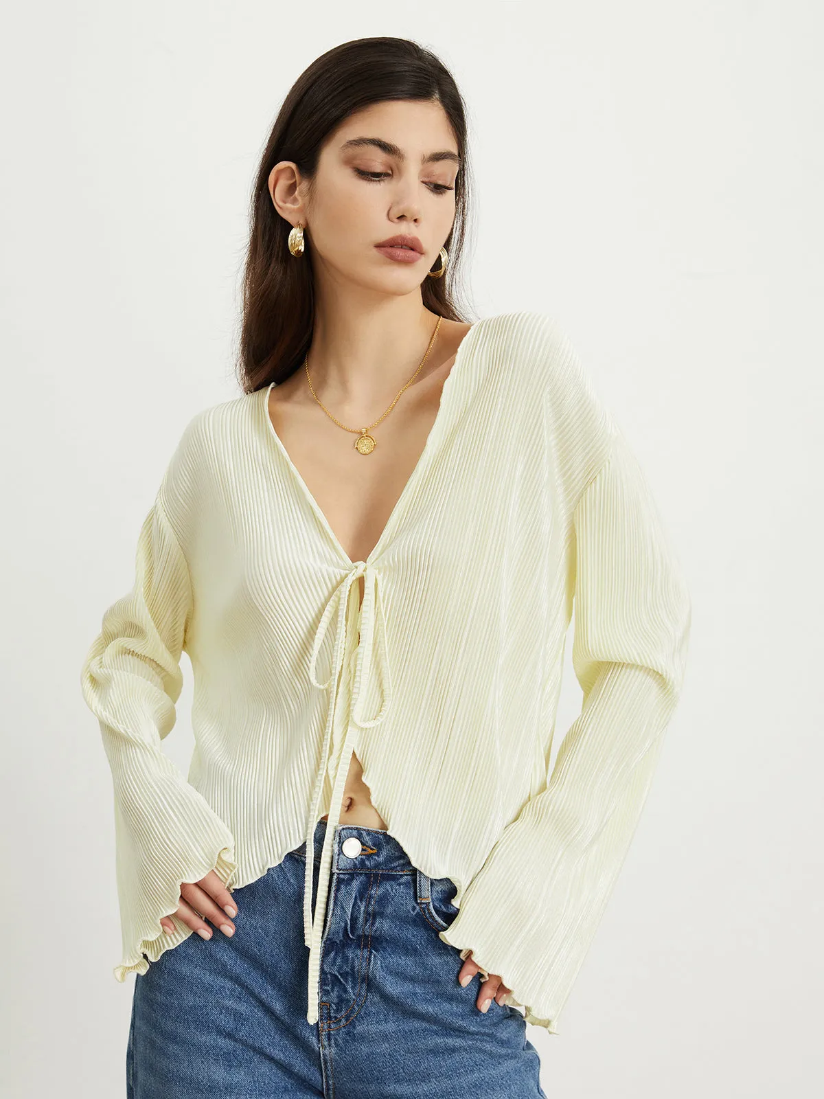 Textured Ruffle Graceful Trim Tied Blouse