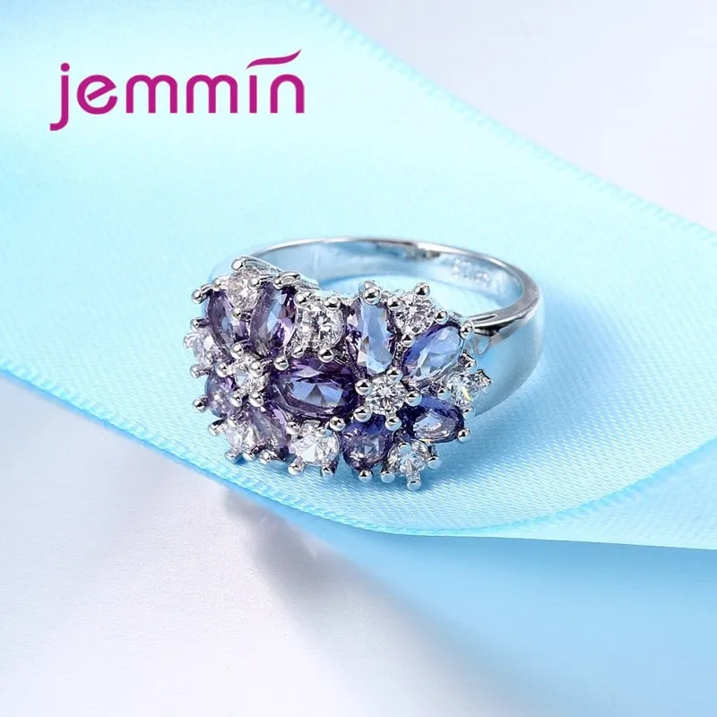 Top Grade JEMMIN Brand Jewelry New Stylish Sparkly Flower Crystal Ring Women Wedding Bridal Rings 5 Color