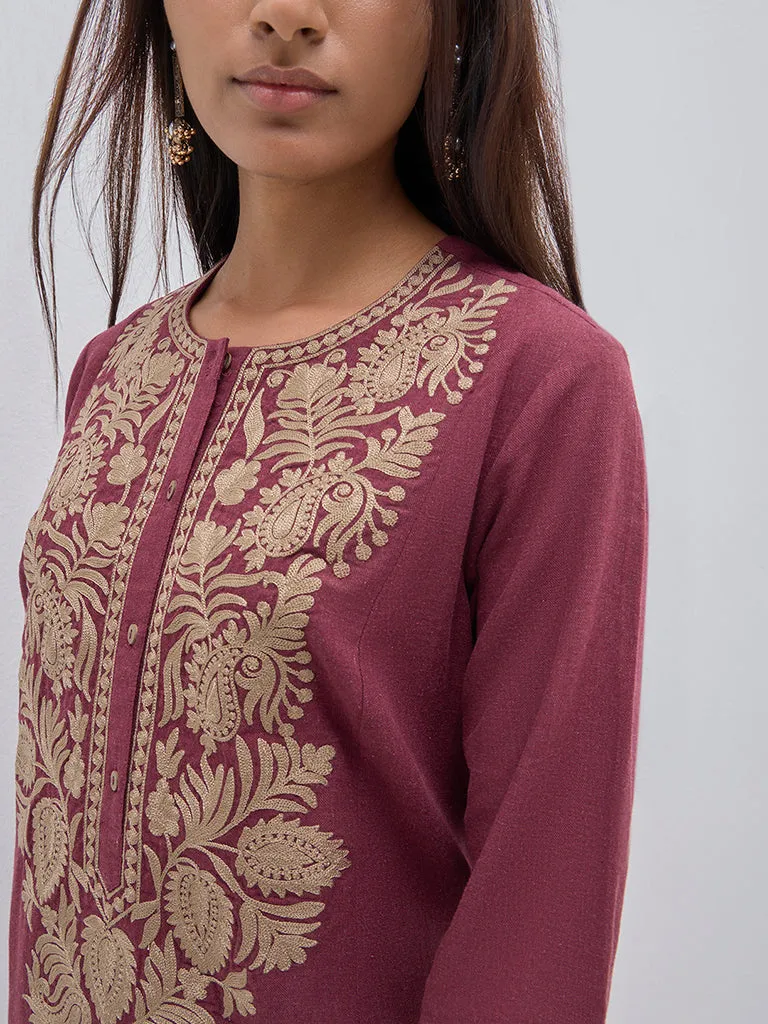 Utsa Maroon Paisley Embroidered Cotton A-Line Kurta