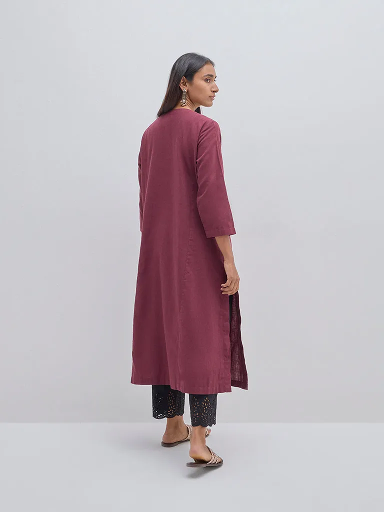 Utsa Maroon Paisley Embroidered Cotton A-Line Kurta