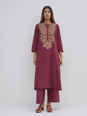 Utsa Maroon Paisley Embroidered Cotton A-Line Kurta