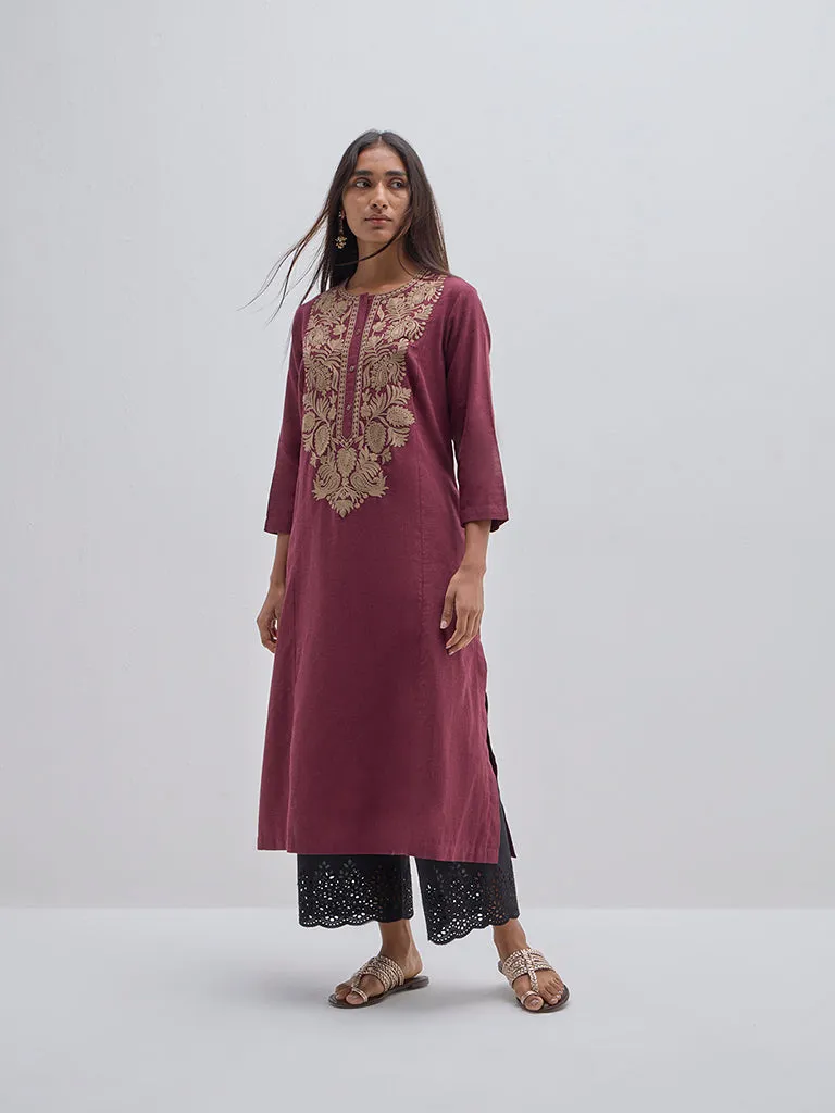 Utsa Maroon Paisley Embroidered Cotton A-Line Kurta