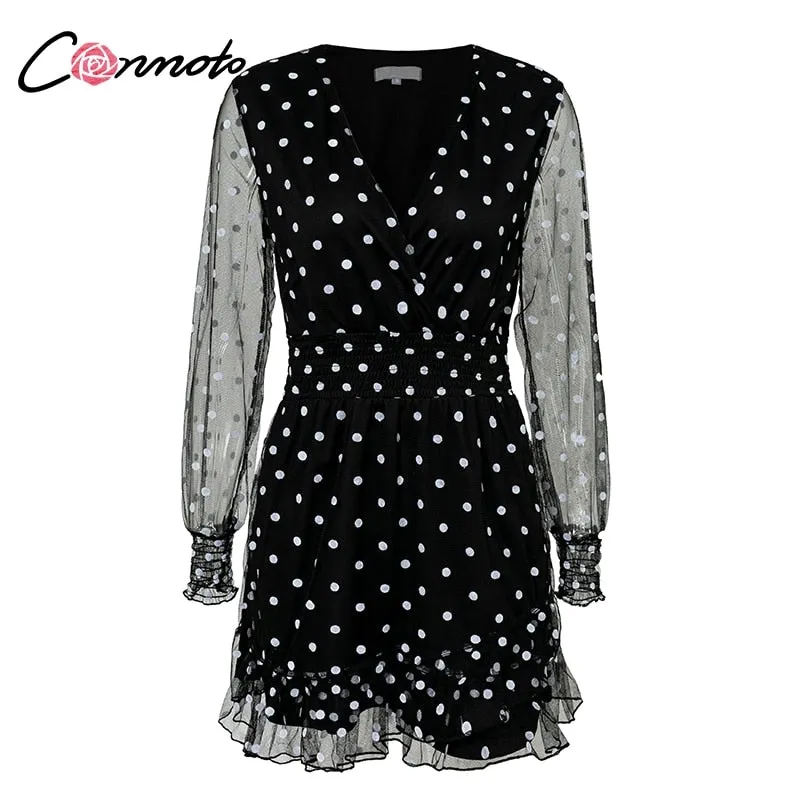 VenusFox Lace Mesh Long Sleeves Black V-Neck Polka Dot Dress