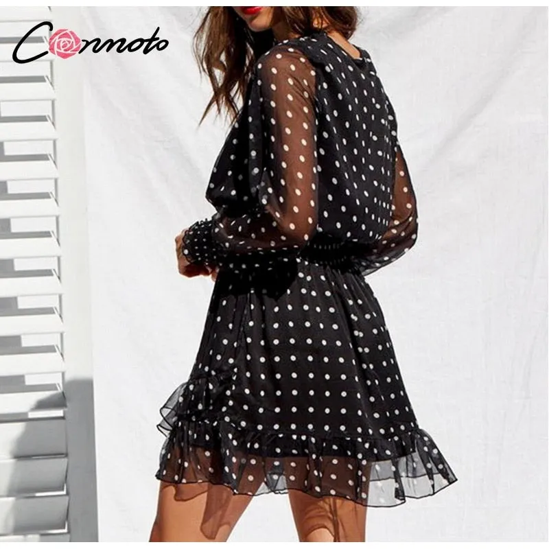 VenusFox Lace Mesh Long Sleeves Black V-Neck Polka Dot Dress