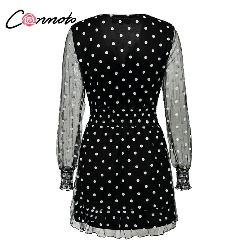 VenusFox Lace Mesh Long Sleeves Black V-Neck Polka Dot Dress