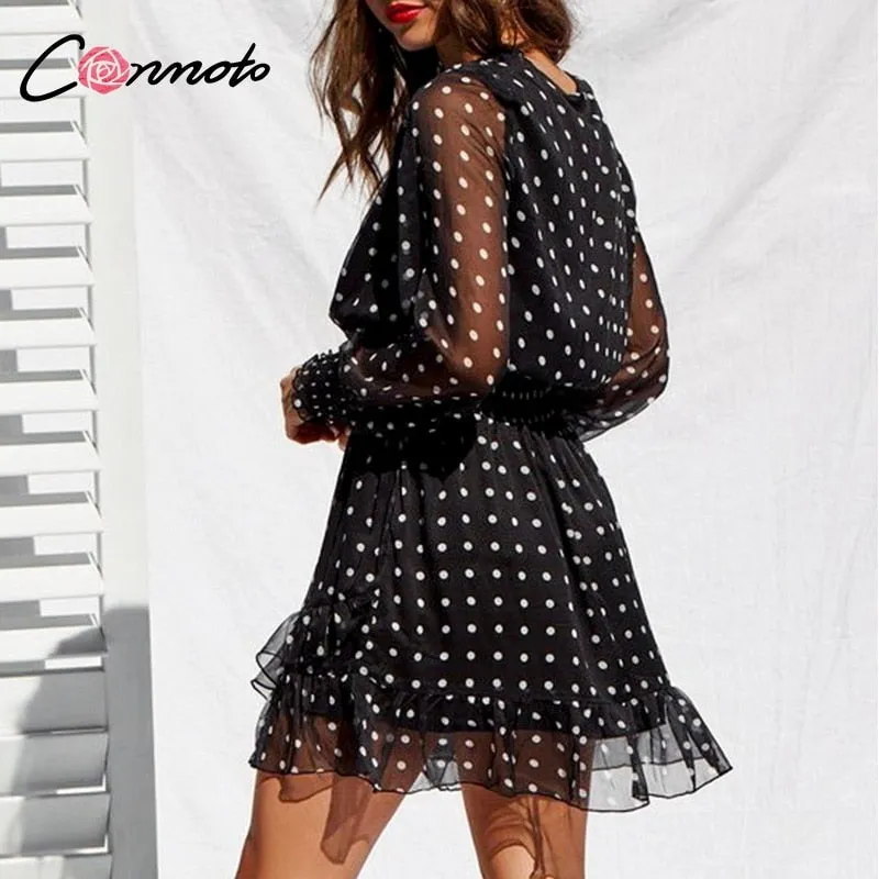 VenusFox Lace Mesh Long Sleeves Black V-Neck Polka Dot Dress