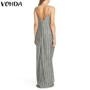 VenusFox Plus Size Sexy V Neck Backless Striped Dress