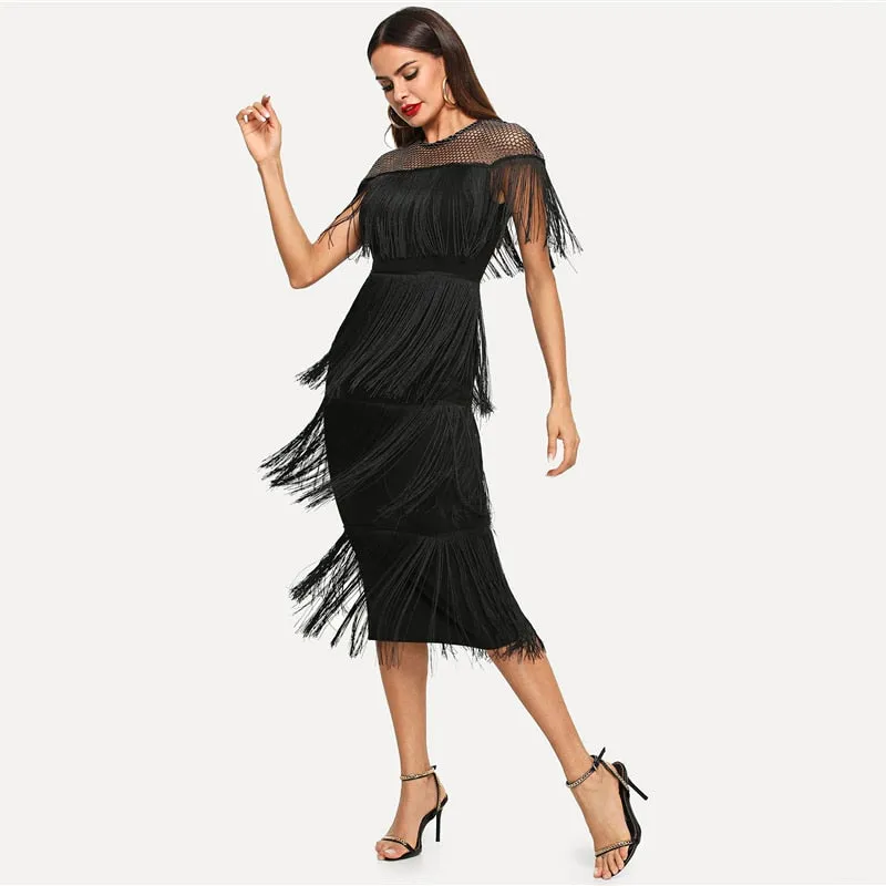 VenusFox Women Black Fringe Detail Dress