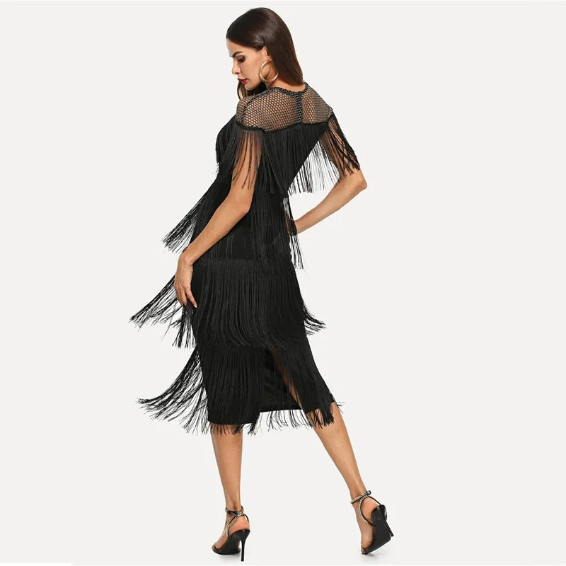 VenusFox Women Black Fringe Detail Dress