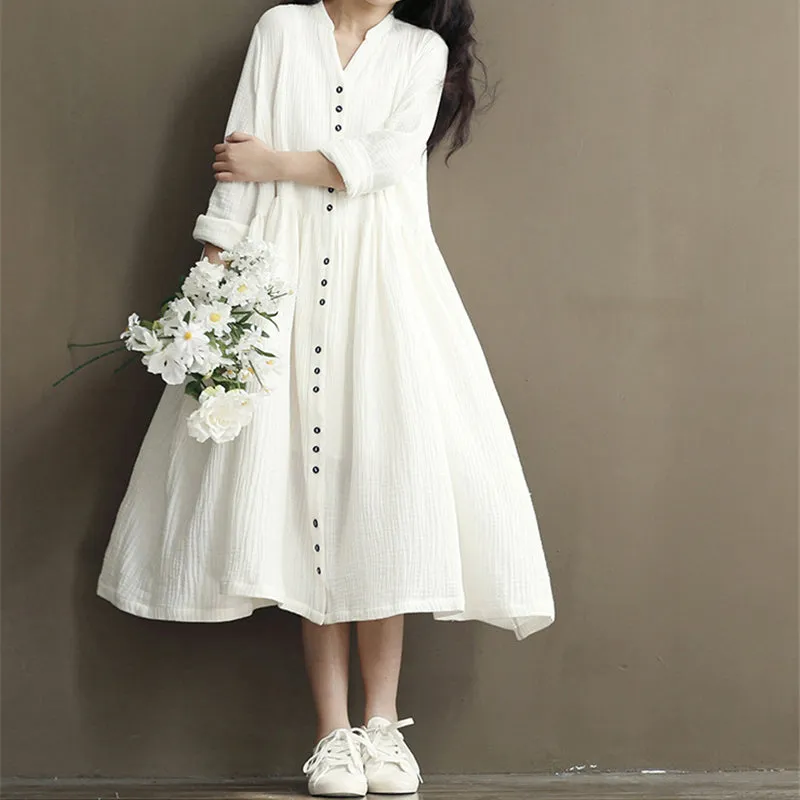 VenusFox Women Long Sleeve Cotton Linen White Dress