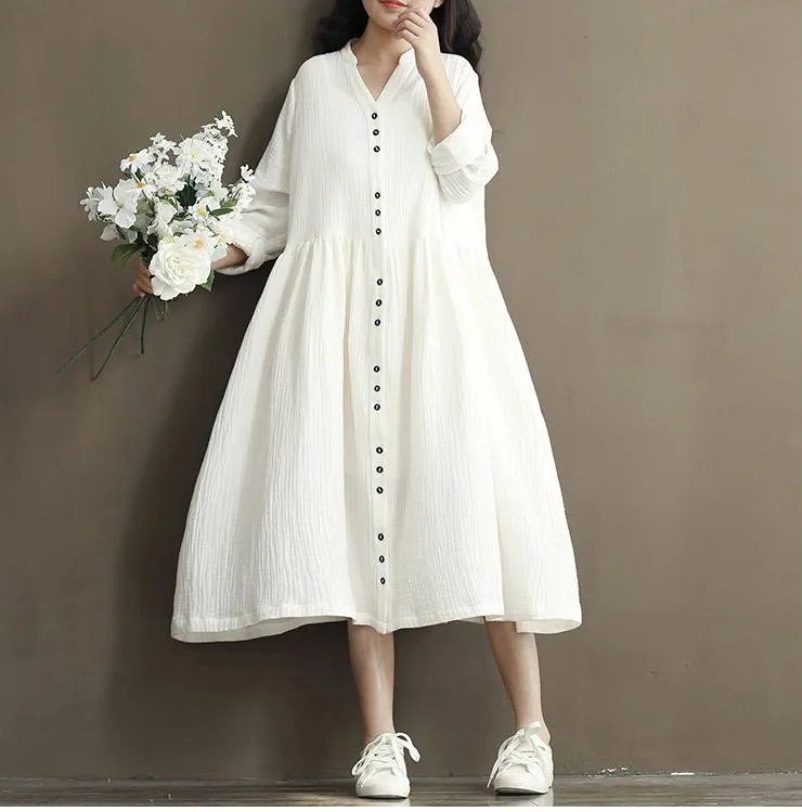 VenusFox Women Long Sleeve Cotton Linen White Dress