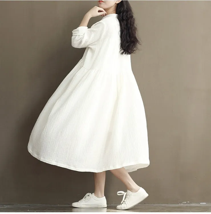 VenusFox Women Long Sleeve Cotton Linen White Dress