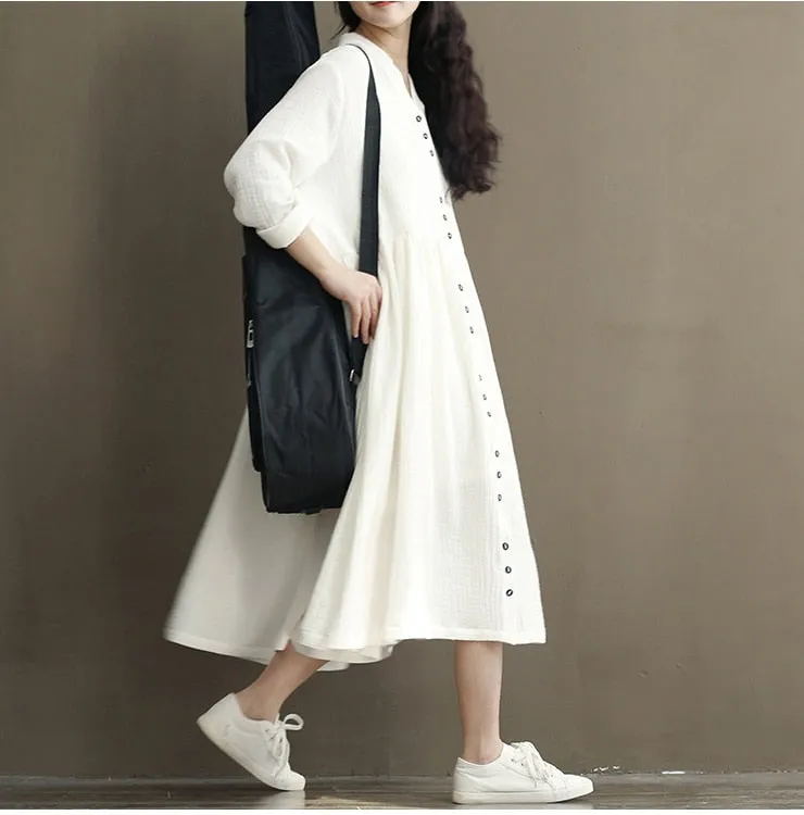 VenusFox Women Long Sleeve Cotton Linen White Dress