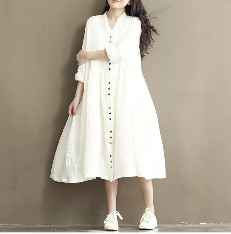 VenusFox Women Long Sleeve Cotton Linen White Dress