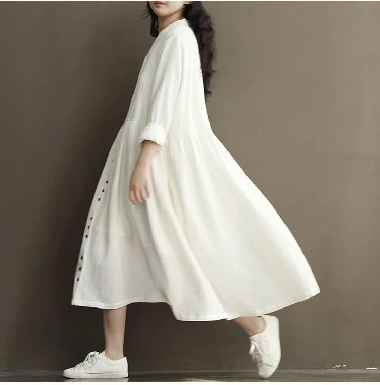 VenusFox Women Long Sleeve Cotton Linen White Dress