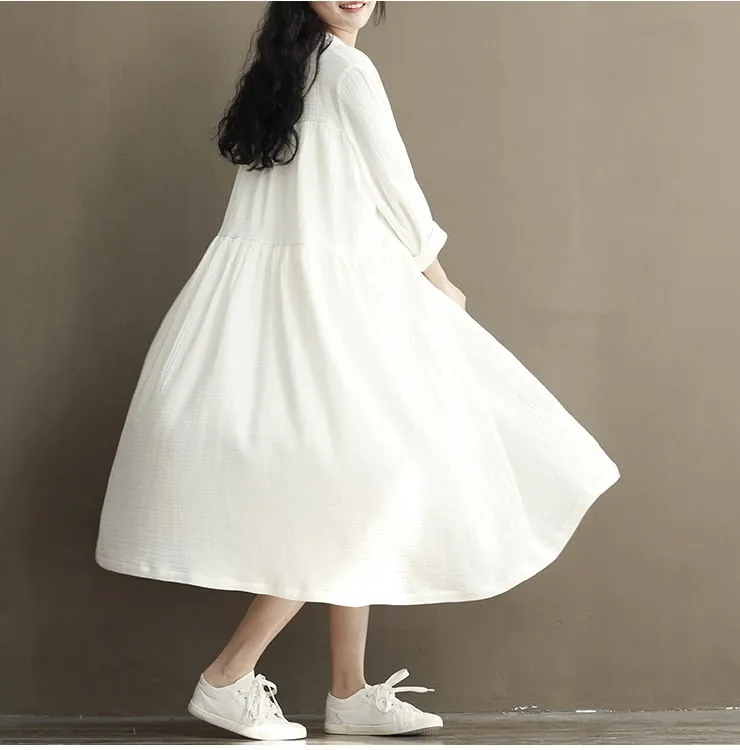 VenusFox Women Long Sleeve Cotton Linen White Dress