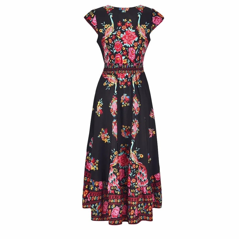 VenusFox Women Summer Boho Beach Maxi V Neck Vintage Print Long Dresses