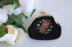 Vintage 1950s 1960s Black Tapestry Coin Purse