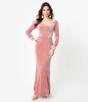 Voodoo Vixen 1930s Blush Pink Velvet Long Sleeve Maxi Dress